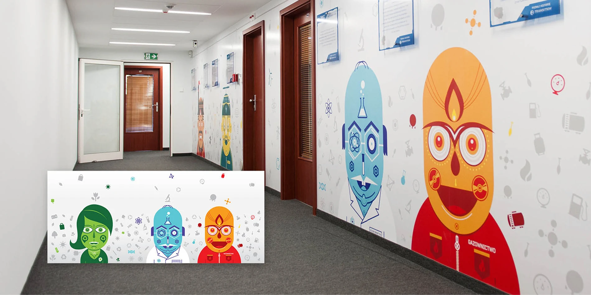 An office corridor at Transition Technologies with a wall mural of stylised colourful characters representing engineering disciplines, surrounded by hand-drawn technical symbols.