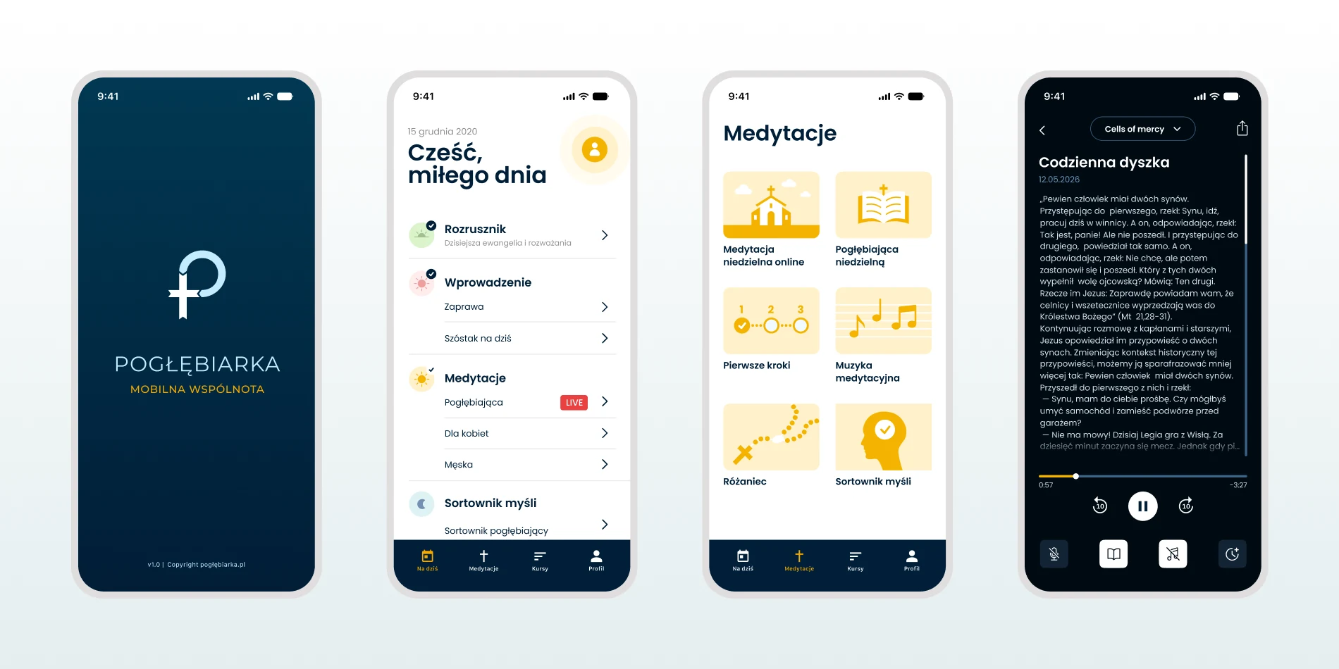 Four screens of the Pogłębiarka mobile app: the launch screen, a daily list, a grid of meditation categories and an audio player.