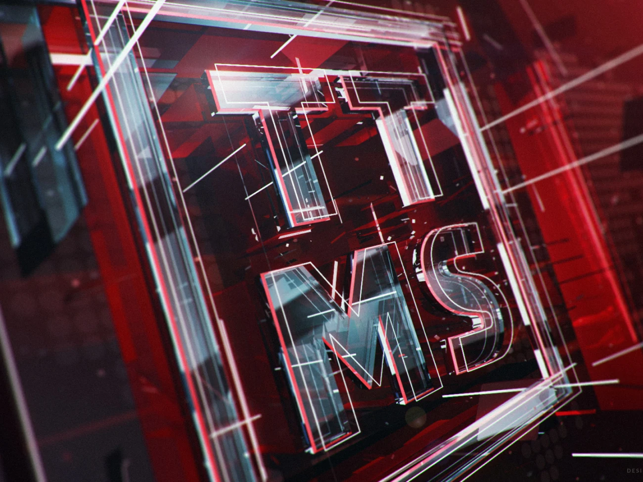 A 3D render of the TTMS letterforms built from layered glass and light, lit in deep red.