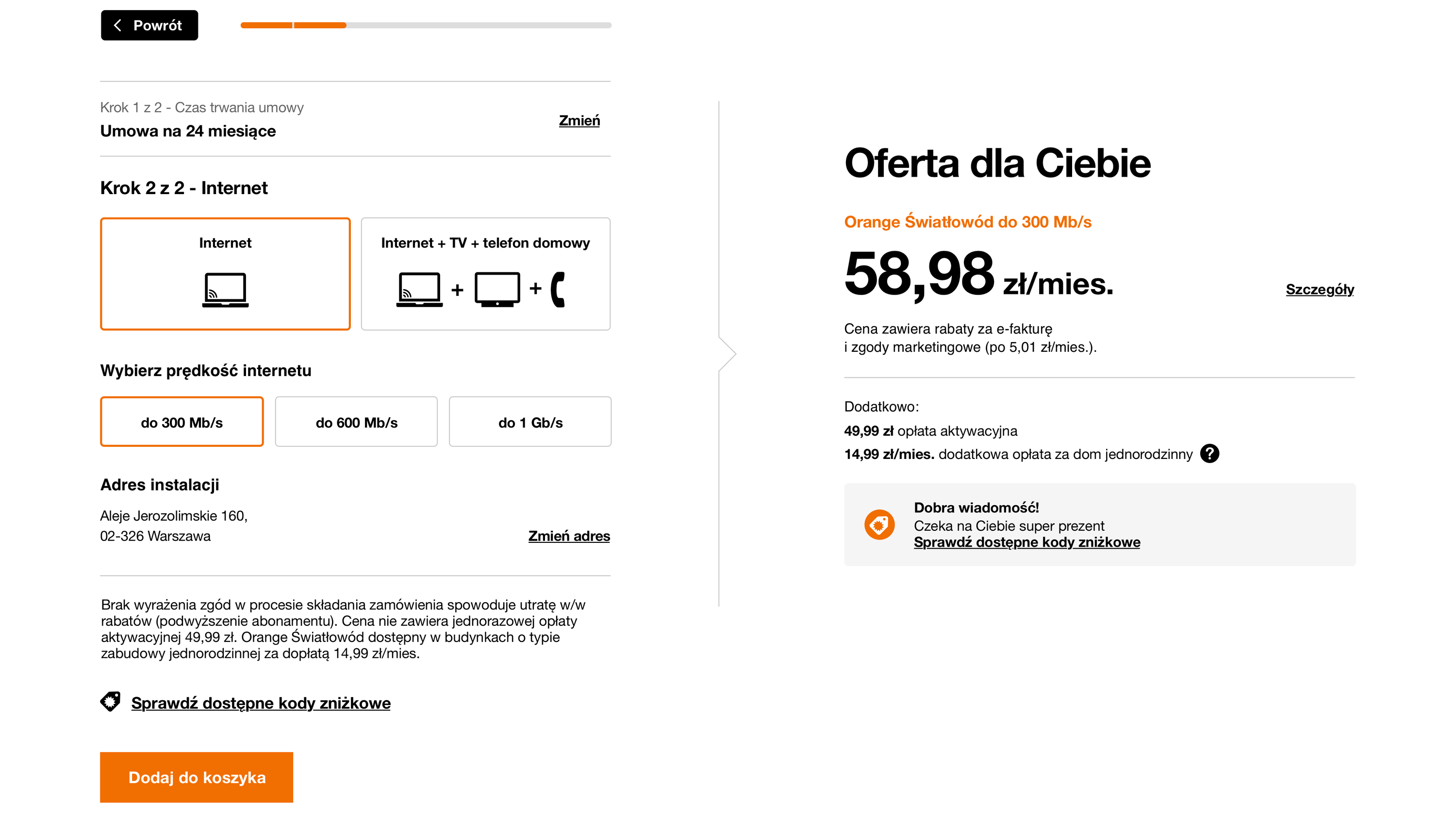 Orange configurator on desktop: contract length and internet options on the left, a live offer summary with price on the right, revealed one decision at a time.