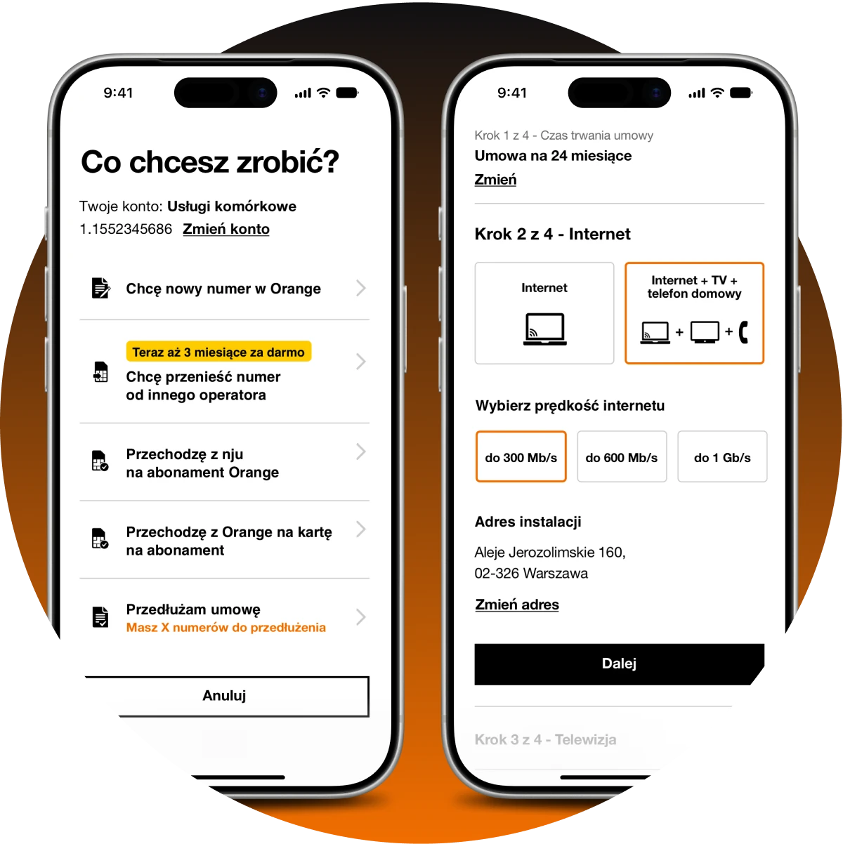 Orange offer configurator on mobile: an intent selection screen and step two of a guided configuration flow.