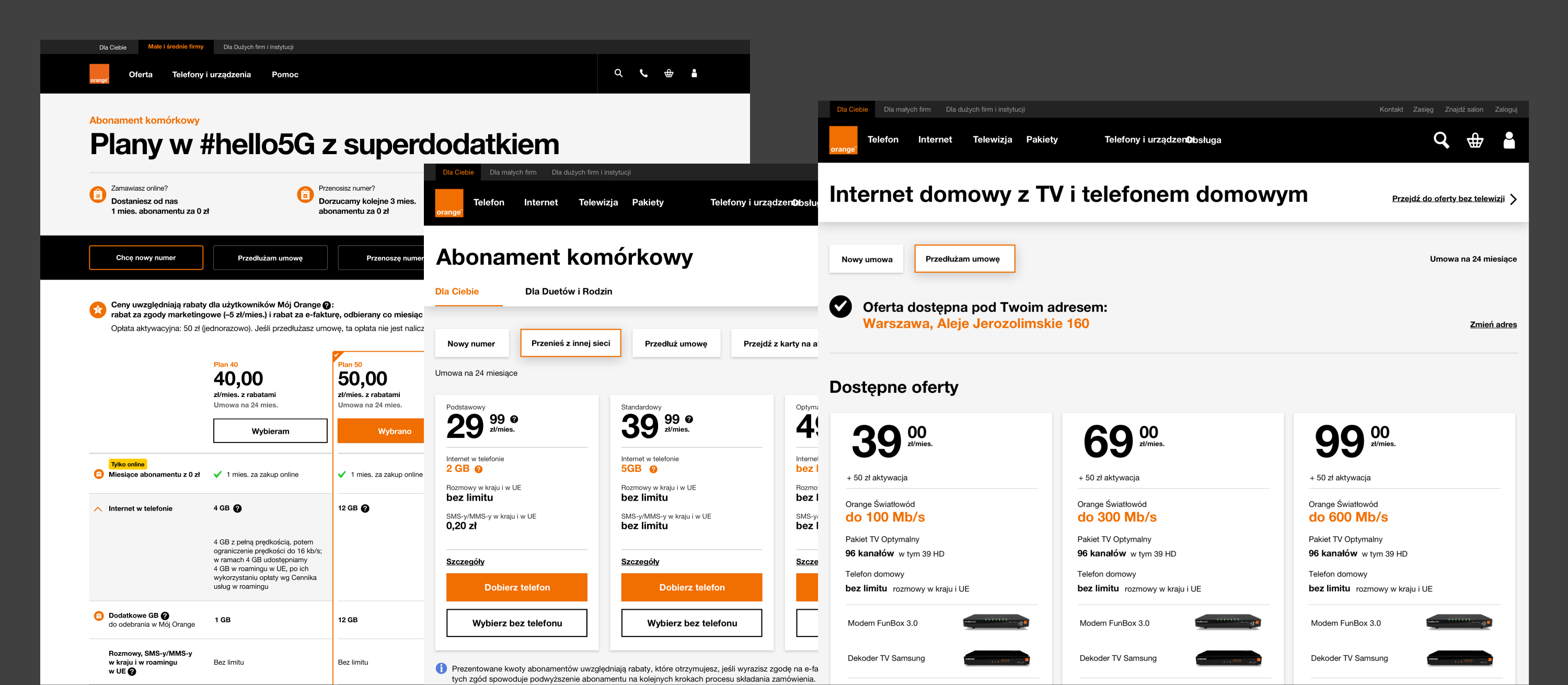 Three former Orange offer landing pages side by side: a business mobile plan page, a consumer mobile subscription page, and a home internet with TV and home phone page, each with a different structure.