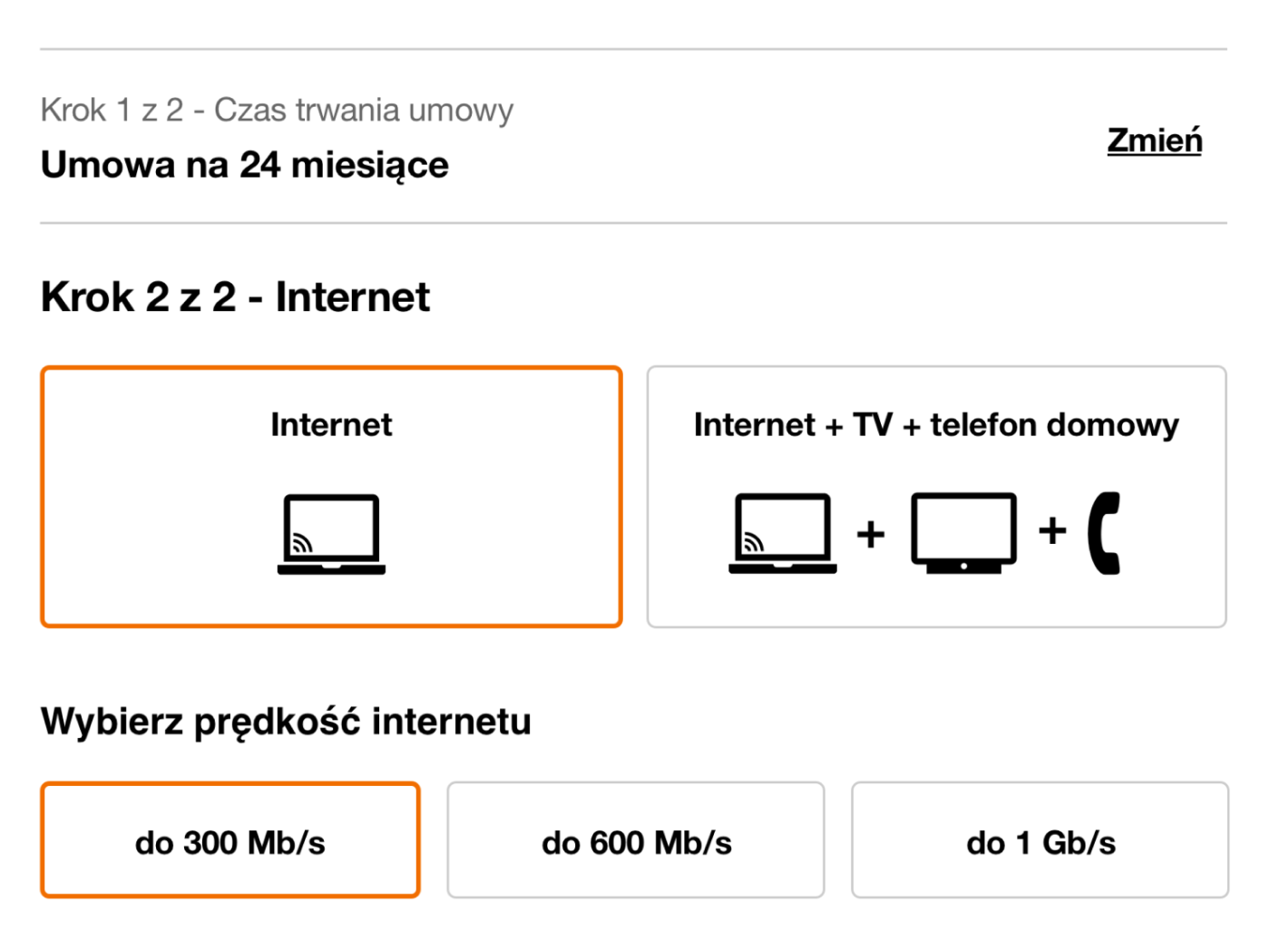 A step in the Orange configurator: the previous decision collapsed into a one-line summary with a change link, and only the current choice open below it.